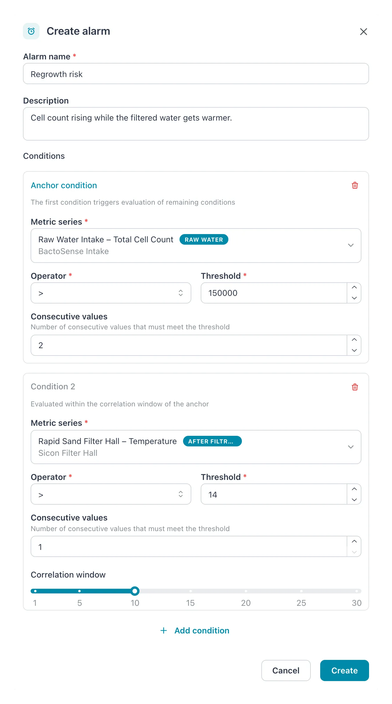 Create alarm dialog with an anchor condition and a second condition
