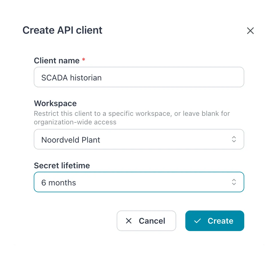 Create API client dialog with a client name, the workspace Noordveld Plant and a secret lifetime chosen