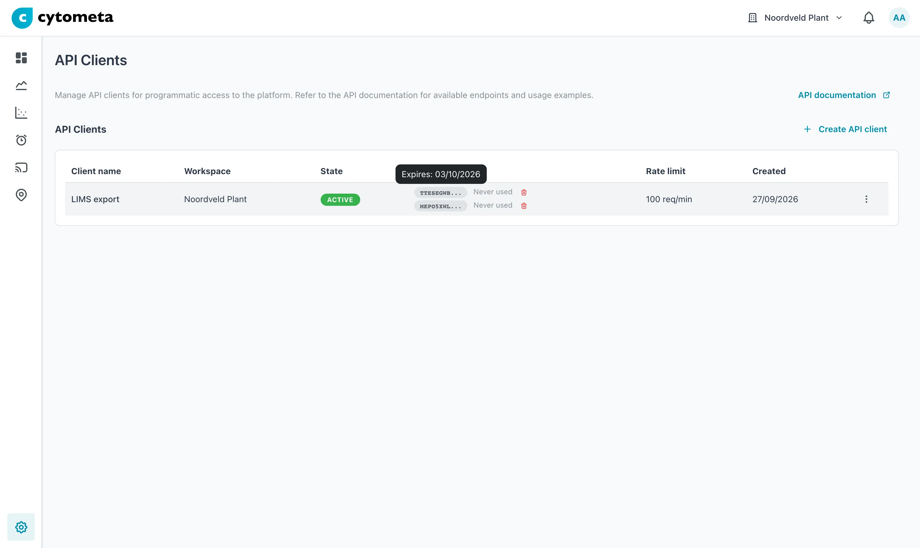 API Clients page with one client, LIMS export, Active, with two secrets, the pointer on the first showing Expires: 22/09/2026