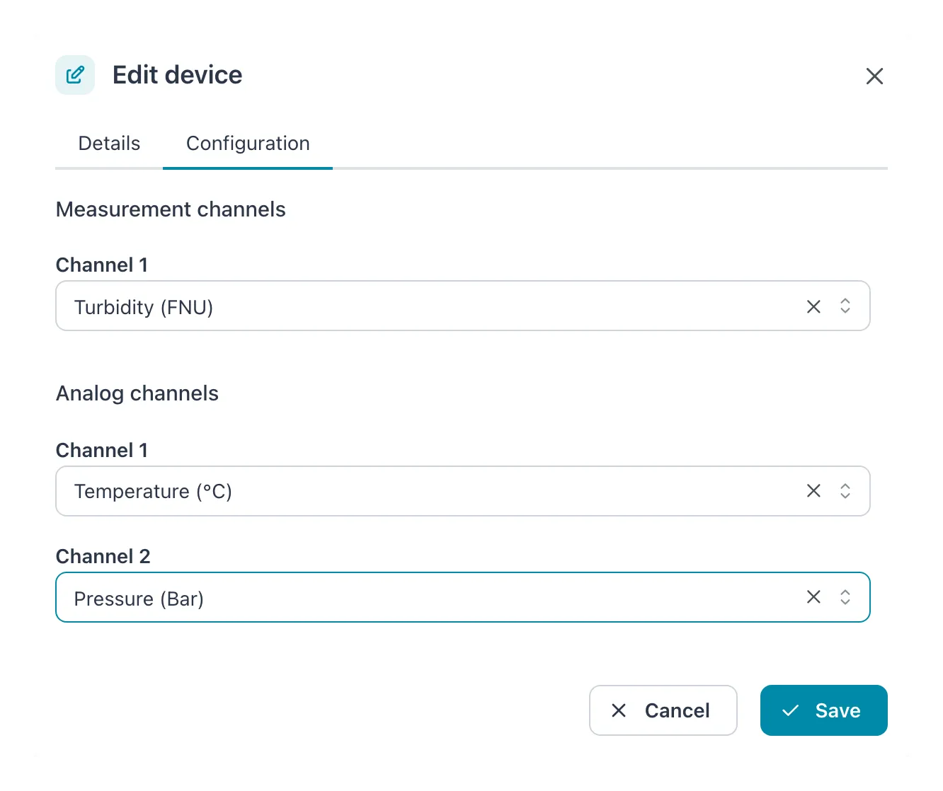 Edit device dialog, Configuration tab of an AquaScat, with the measurement channel on Turbidity and the two analog channels on Temperature and Pressure