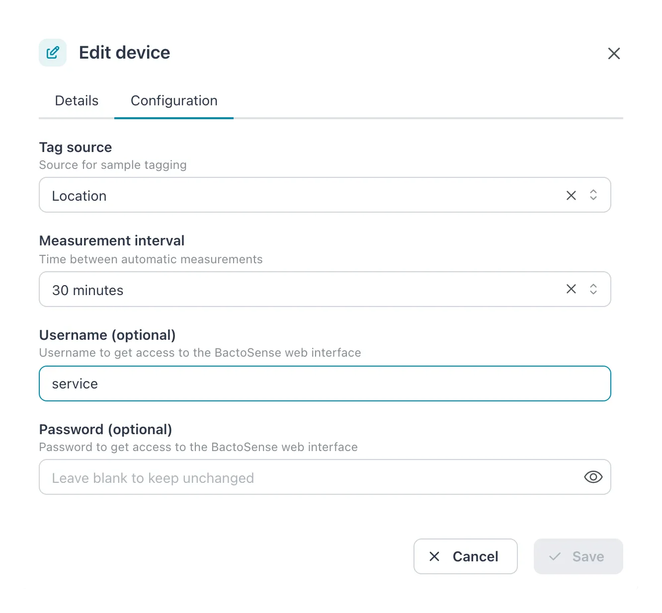 Edit device dialog, Configuration tab of a Bactosense