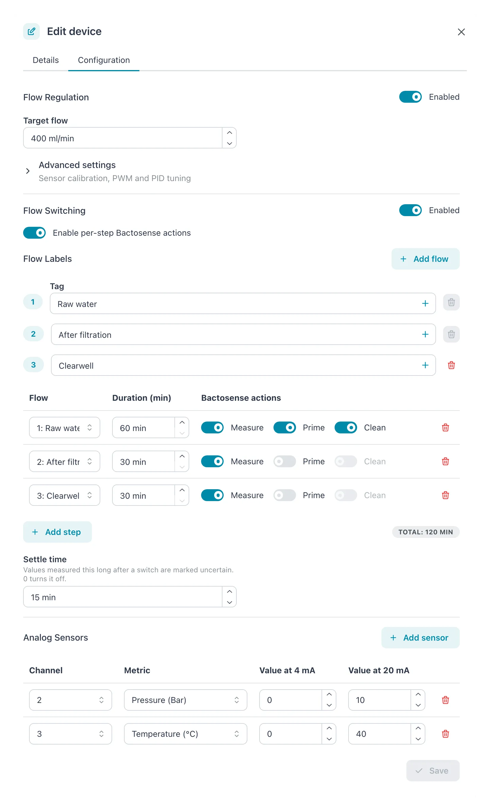 Edit device dialog, Configuration tab of a FlowControl with three flows, a three-step schedule, a 15-minute settle time and two analog sensors