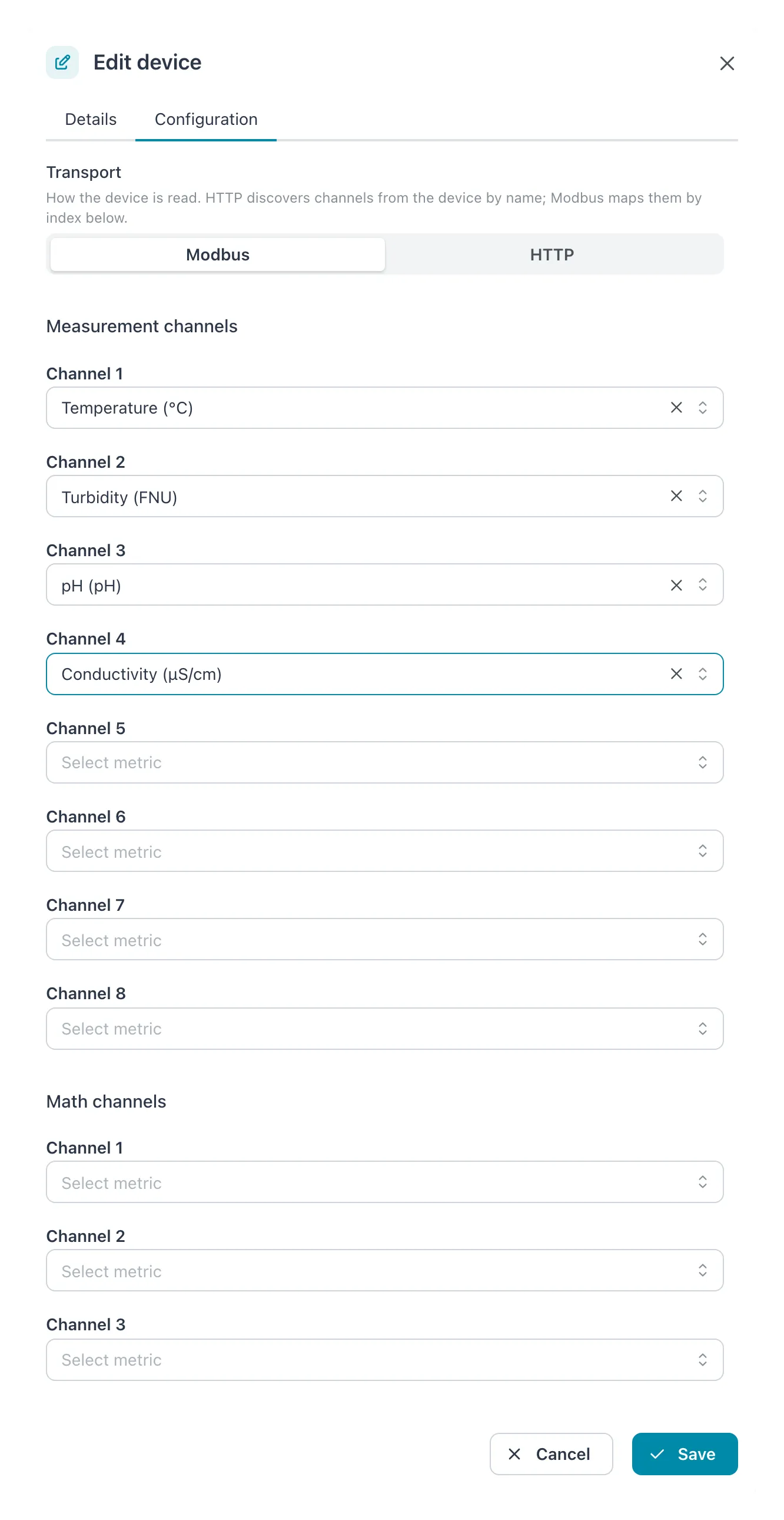 Edit device dialog, Configuration tab of a Sicon on Modbus, with channels 1 to 4 mapped to metrics