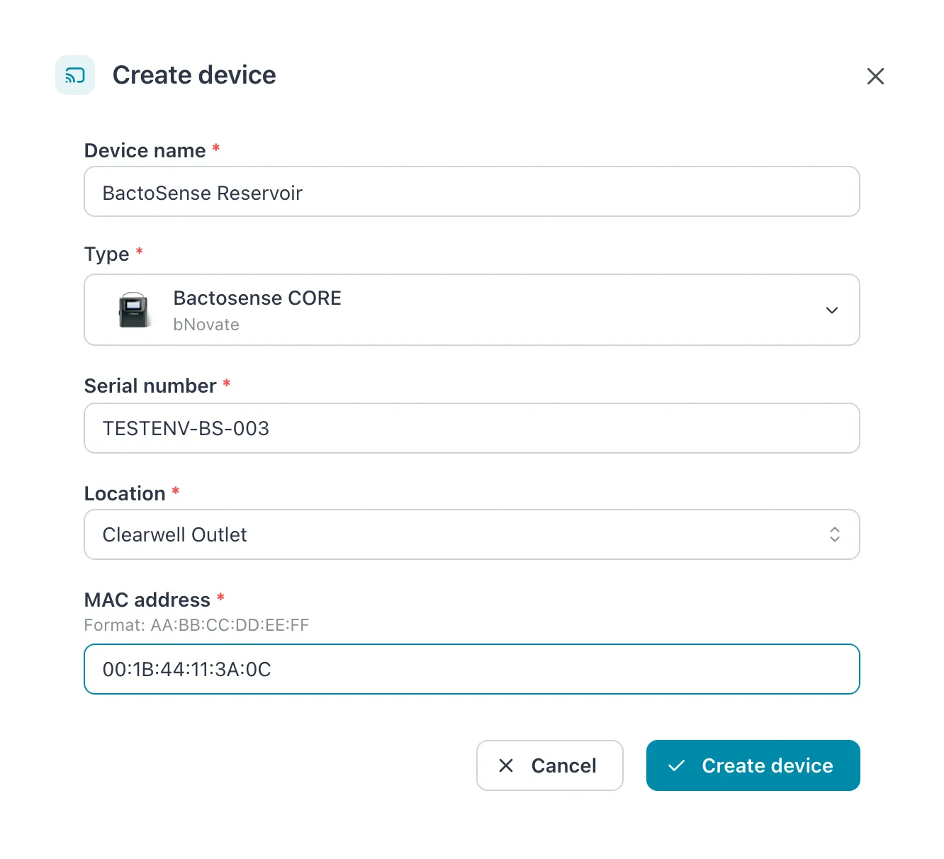 Create device dialog with every field filled in for a Bactosense
