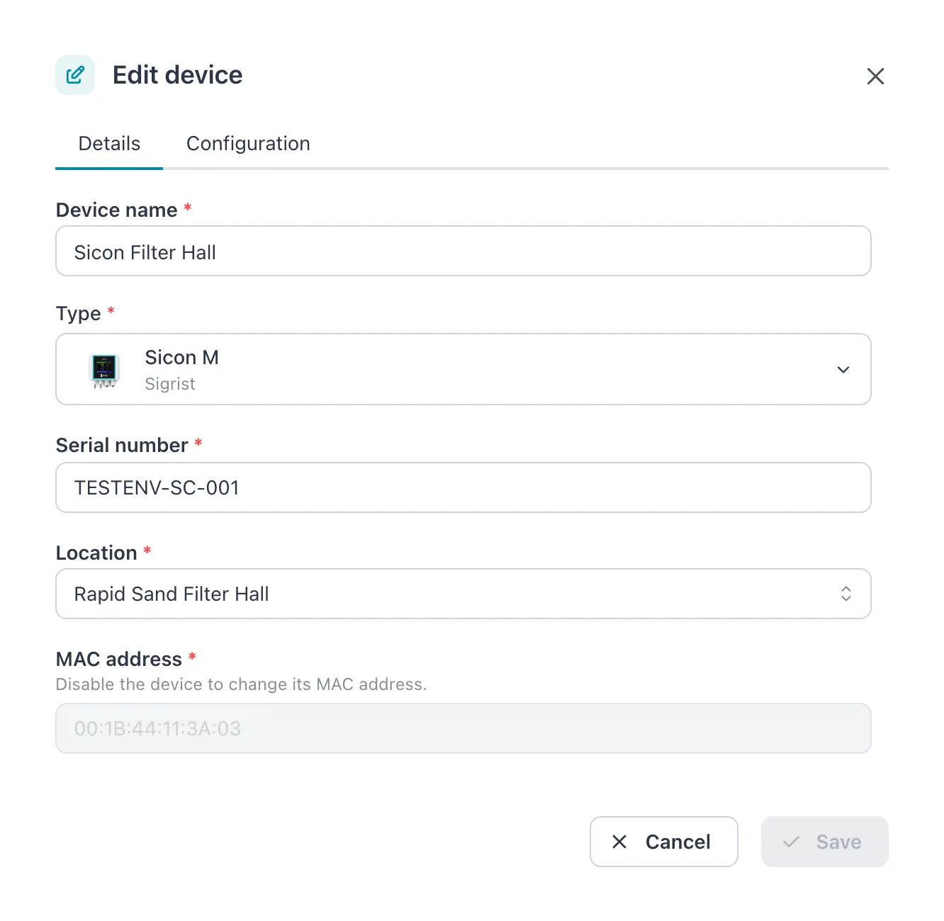 Edit device dialog on the Details tab for Sicon Filter Hall
