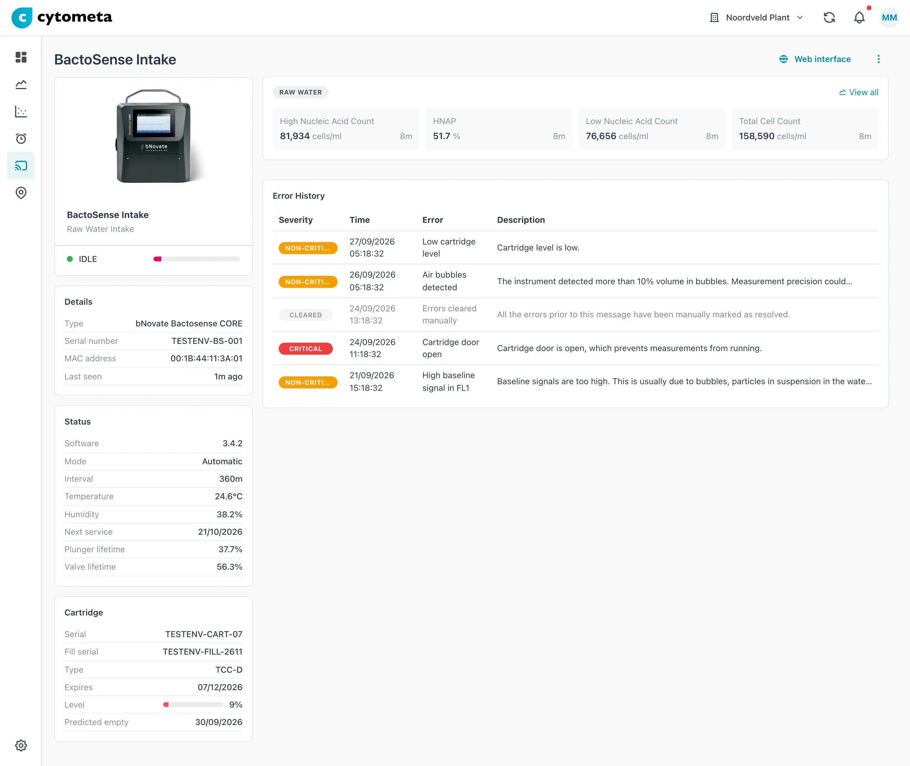 Device page of BactoSense Intake: header buttons, the Details, Status and Cartridge cards, the latest values and Error History