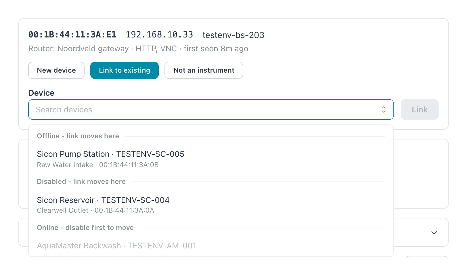 Device list open, with records grouped as Offline, Disabled and Online