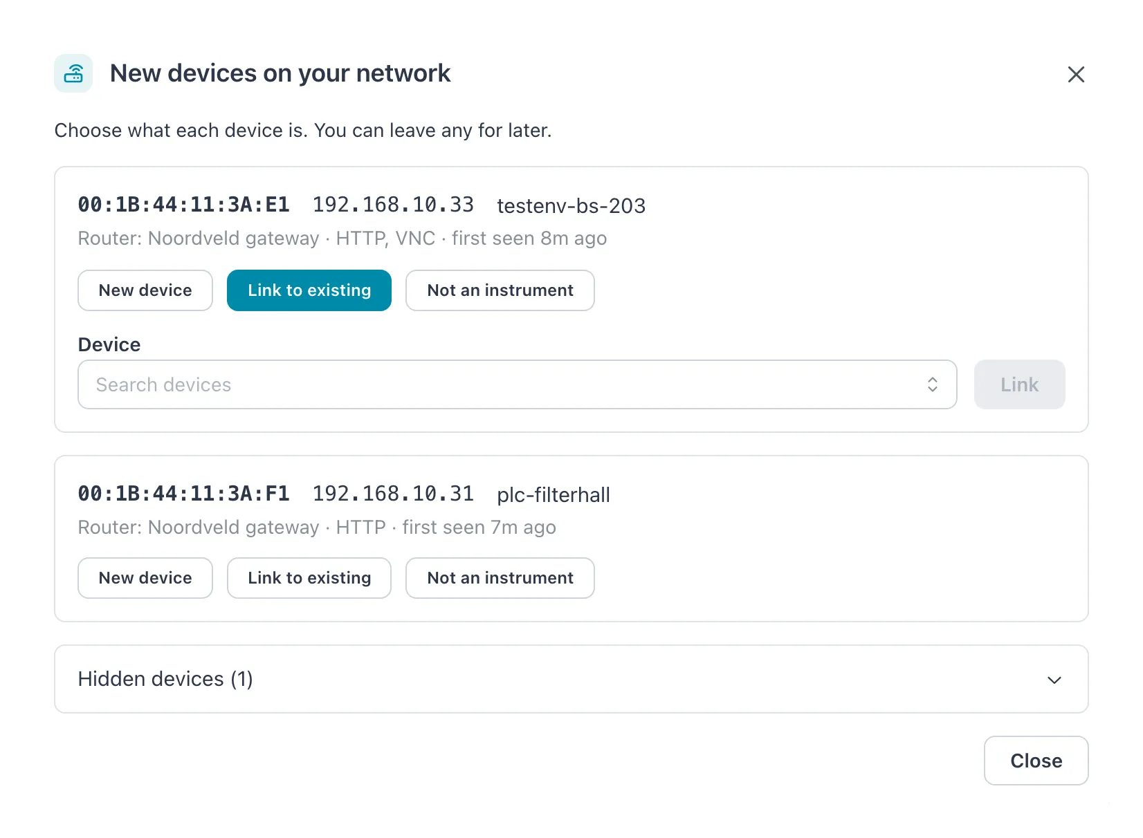 New devices on your network with two rows, the first with Link to existing open