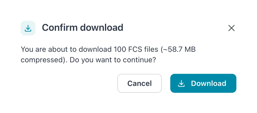 Confirm download dialog for the FCS files of one page of the sample list