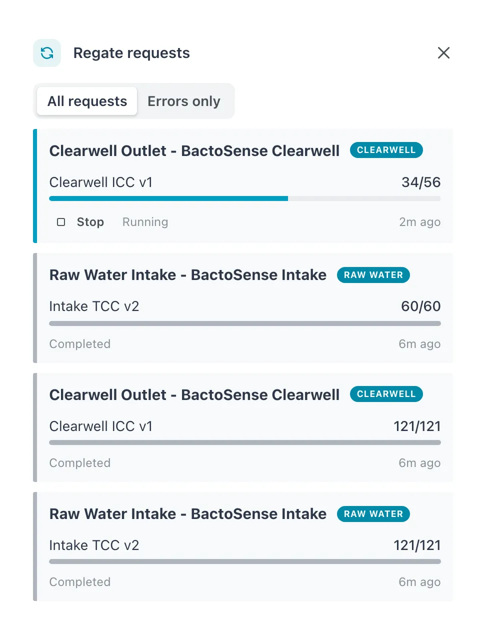 Regate requests drawer with a request still running at the top and completed ones below