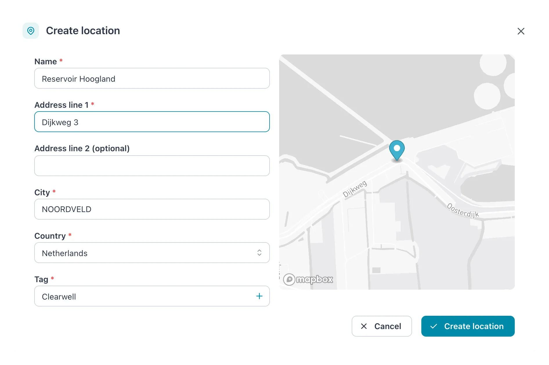 Create location dialog with every field filled in and a pin on the map