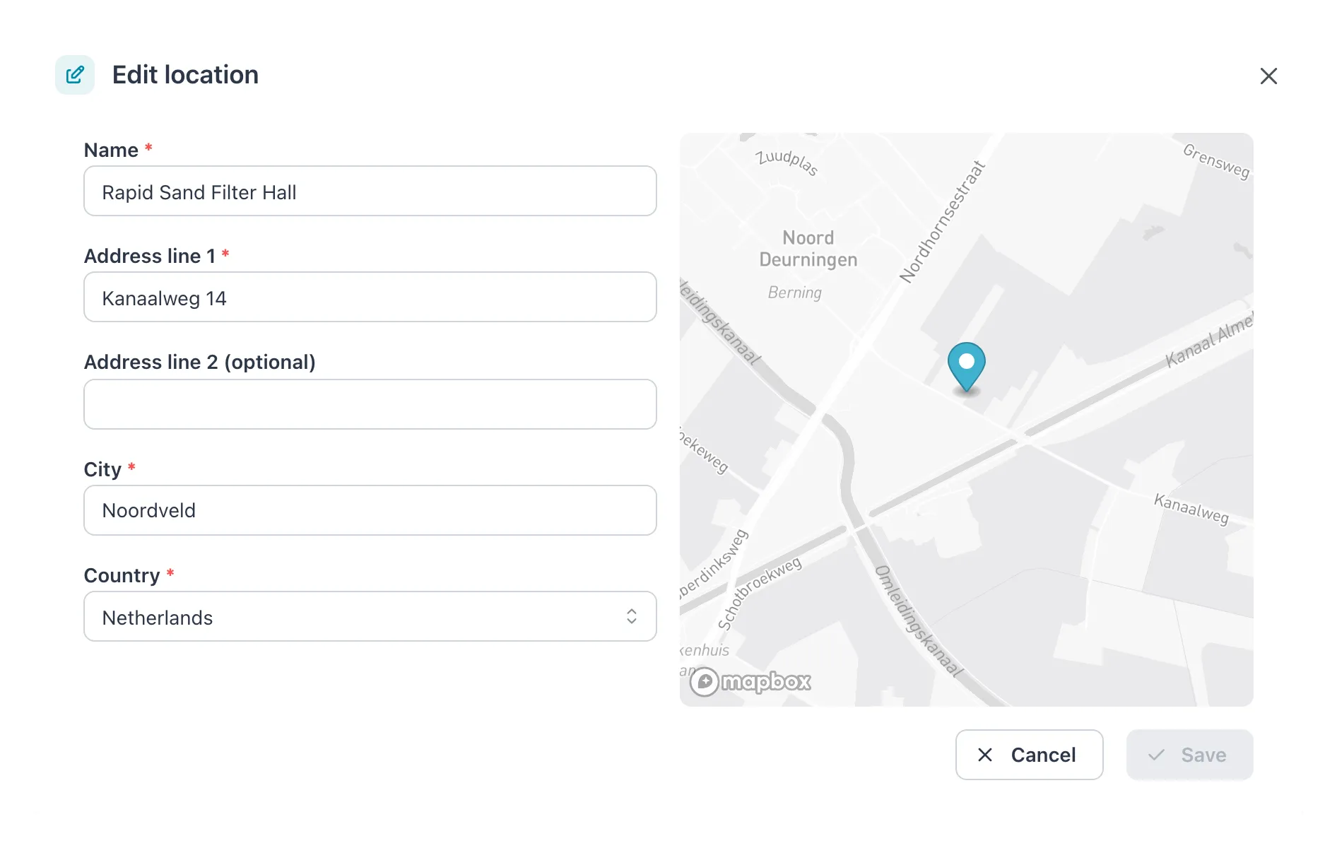 Edit location dialog for Rapid Sand Filter Hall with the map preview