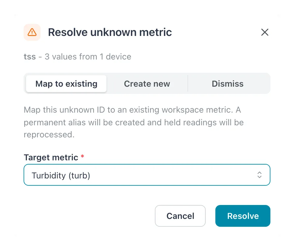 Resolve unknown metric dialog for tss with Map to existing selected and Turbidity as the target metric