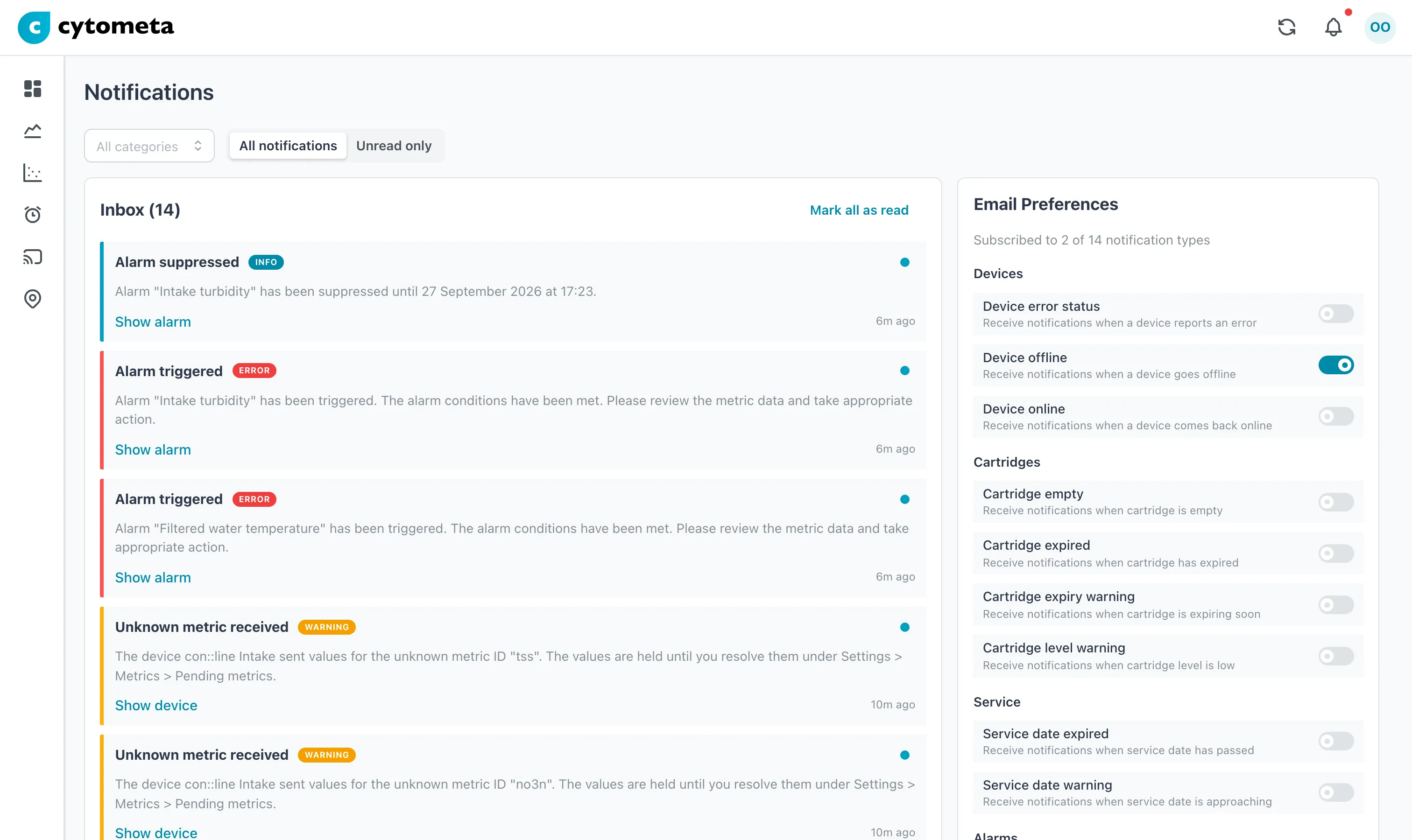 Notifications screen: the inbox on the left, Email Preferences on the right