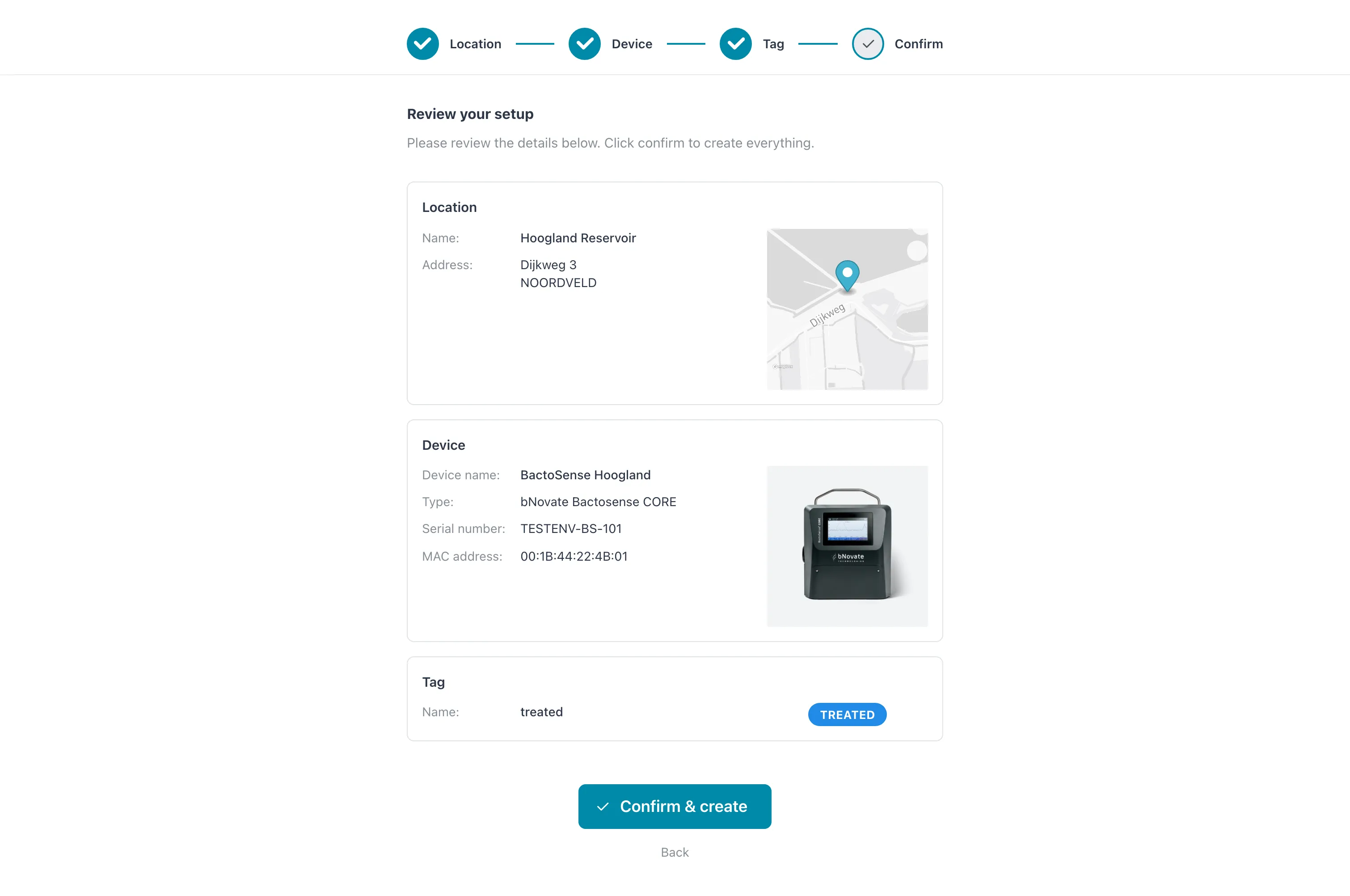 The Confirm step: Review your setup with the location, the device and the tag, above Confirm & create