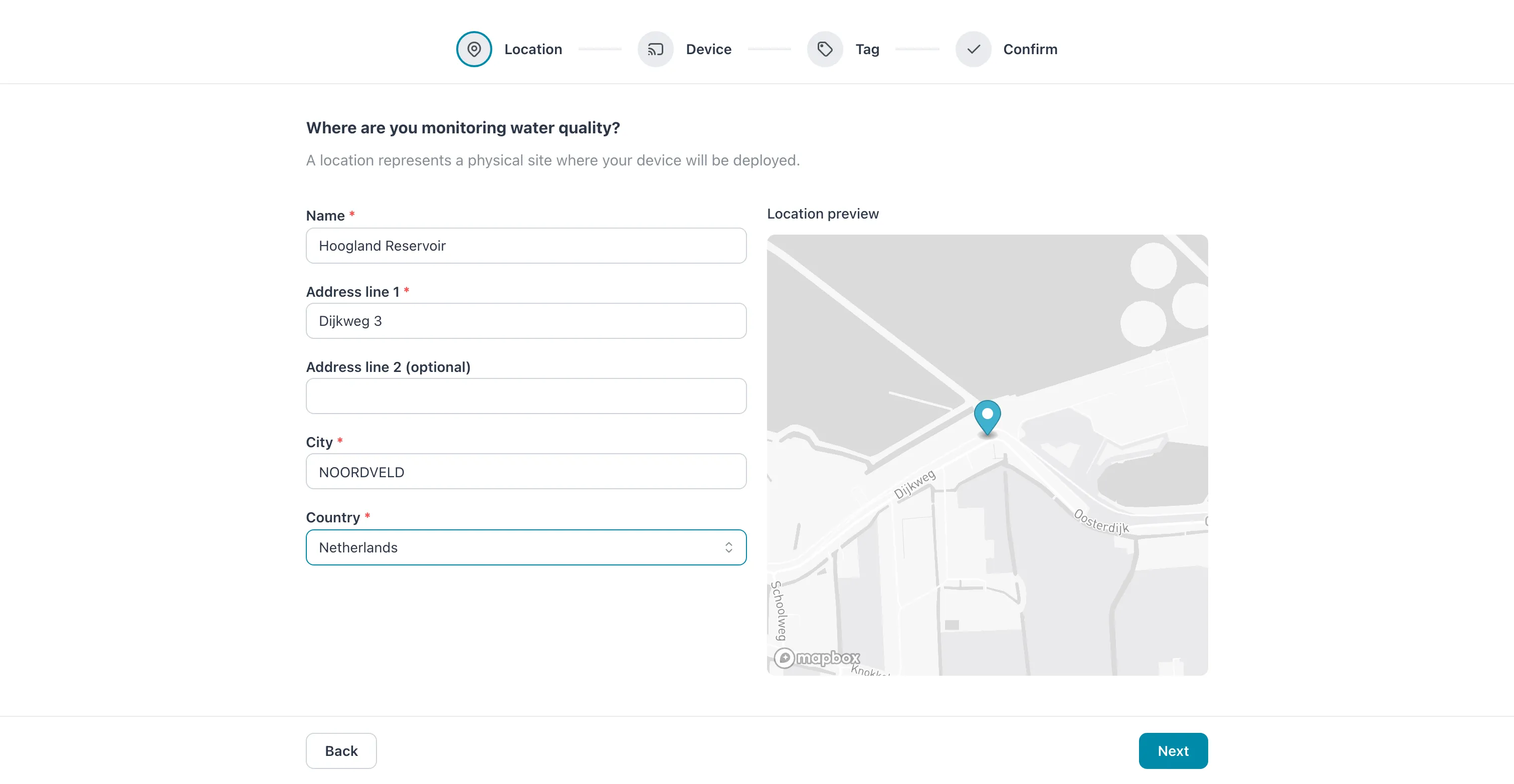 The Location step with Name, Address line 1, City and Country filled in, and a pin under Location preview