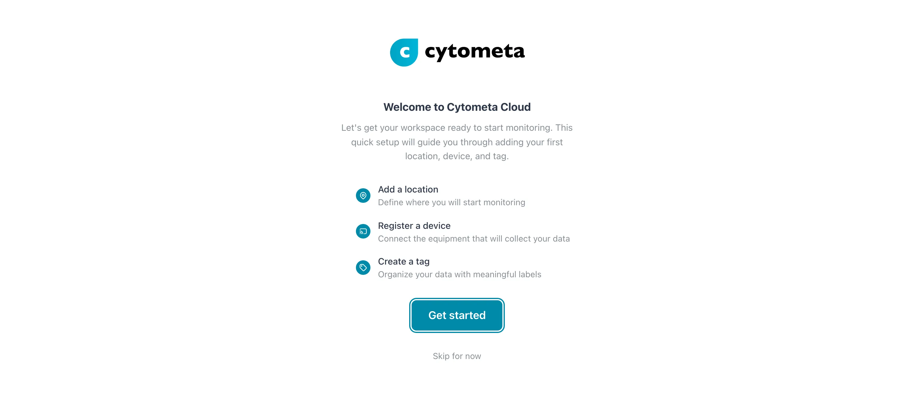 Welcome to Cytometa Cloud, listing the three things the wizard adds, with Get started and Skip for now