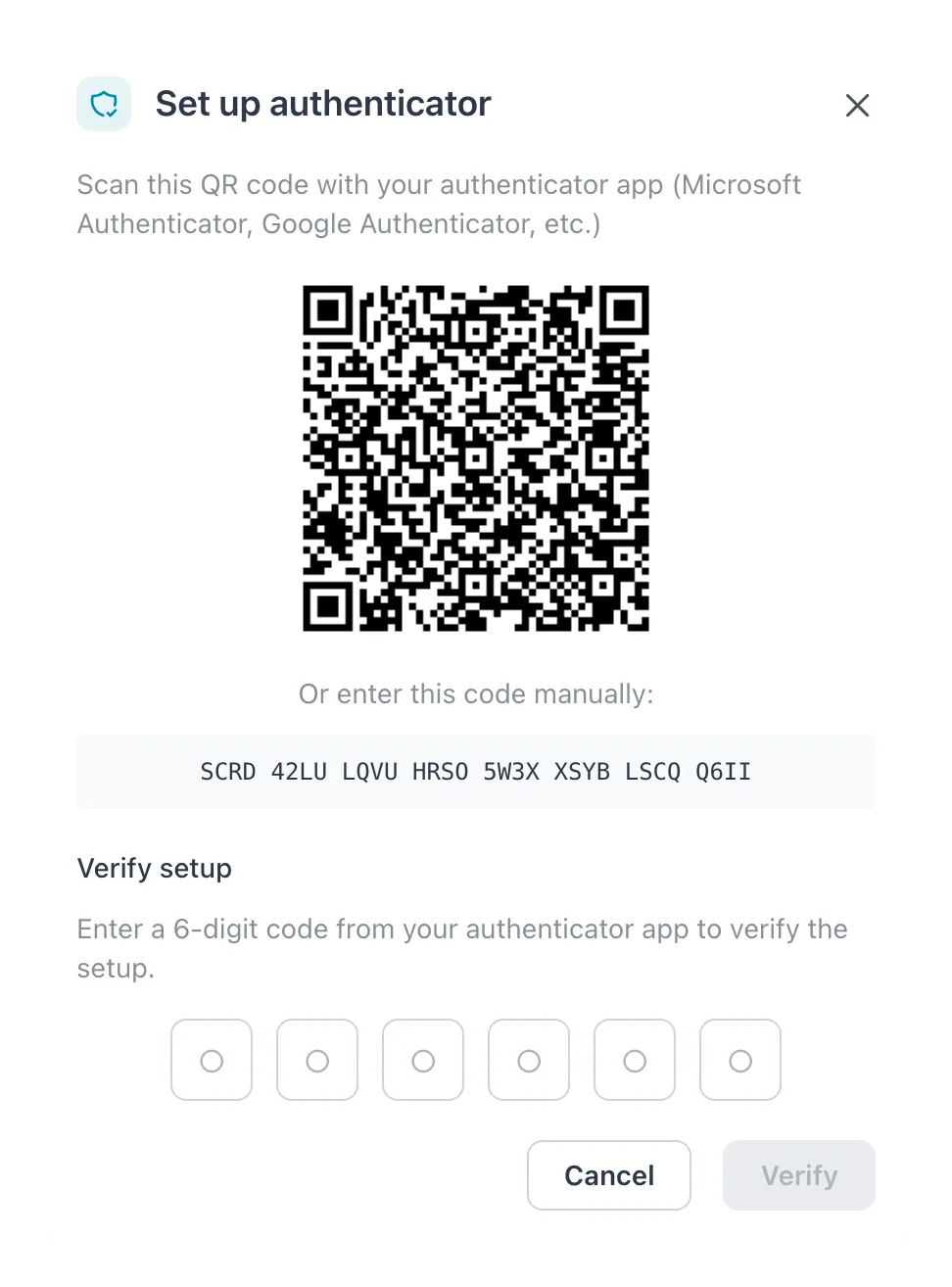 Set up authenticator dialog with a QR code, the code to type by hand and Verify setup