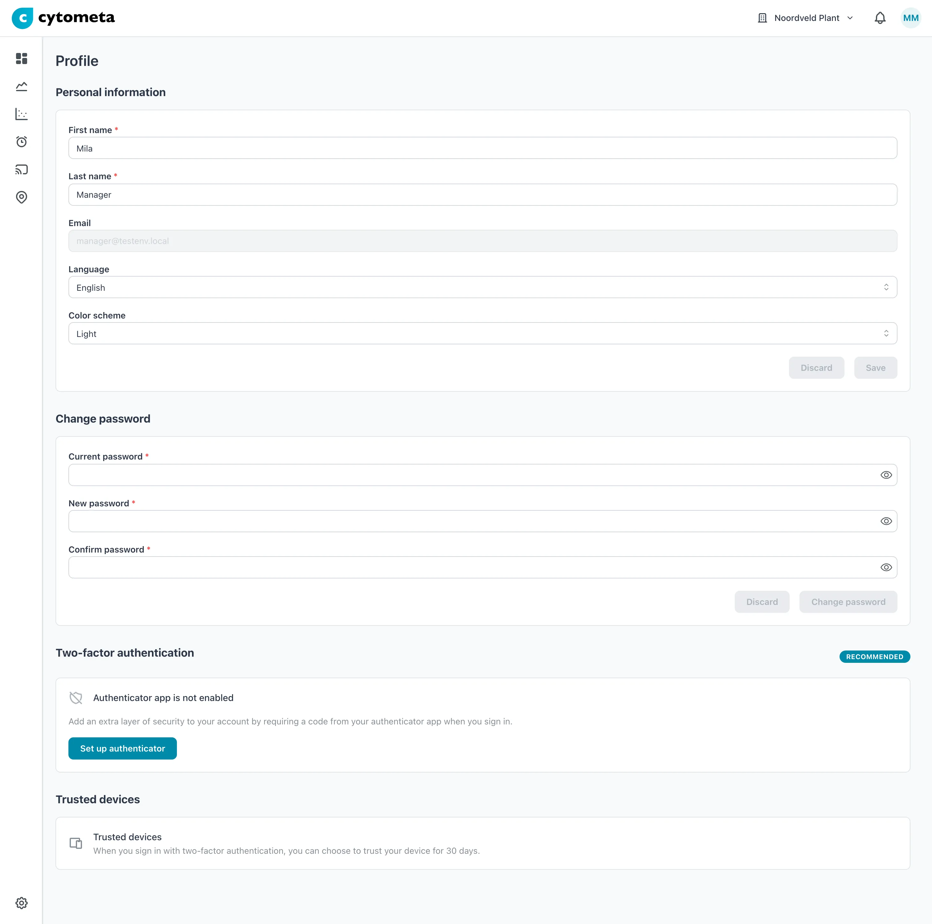 Profile page with Personal information, Change password, Two-factor authentication and Trusted devices