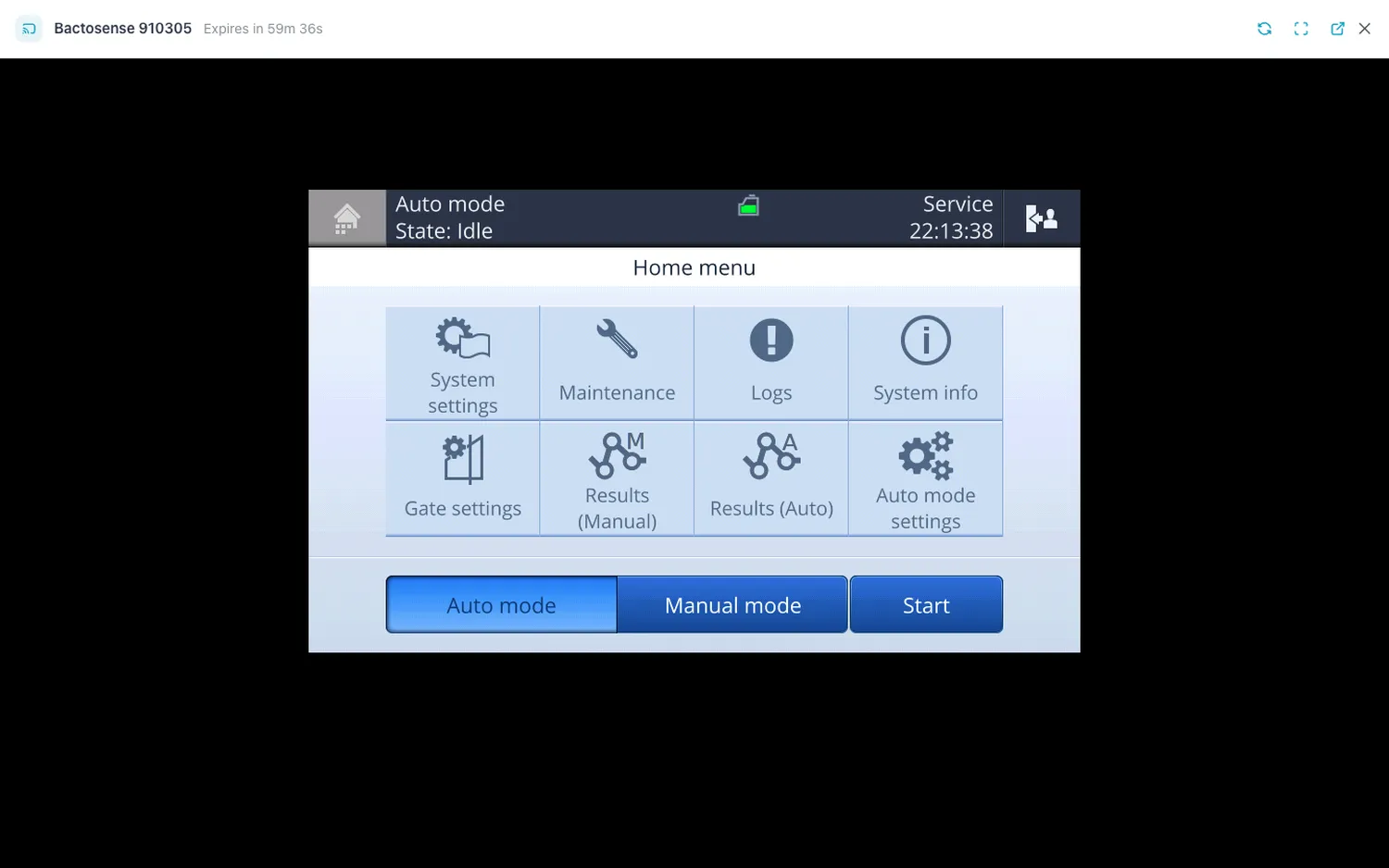 A Remote control session with a Bactosense: its touch screen in the session window, with Expires in counting down and the header buttons at the top right