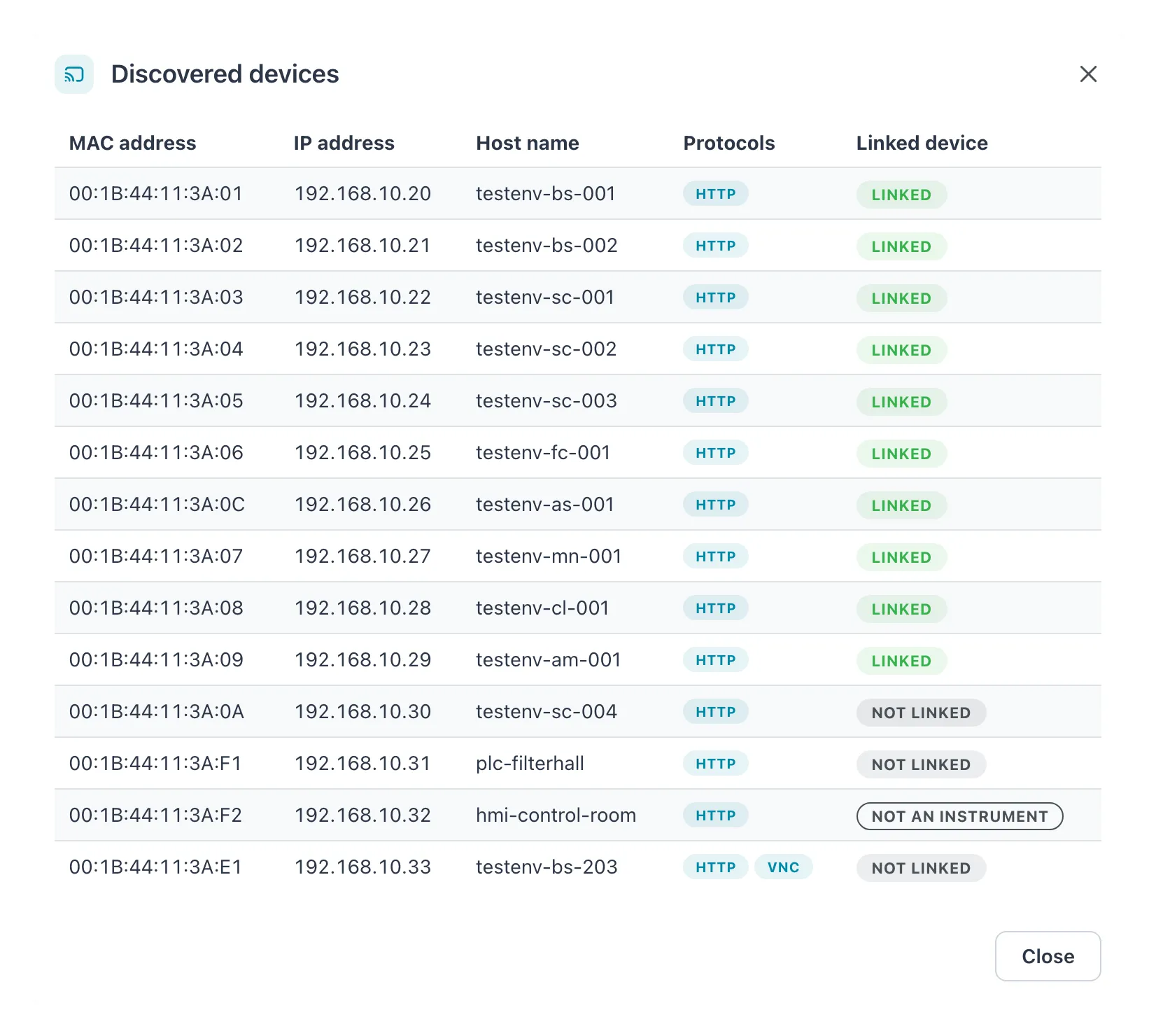 Discovered devices dialog with Linked, Not linked and Not an instrument rows
