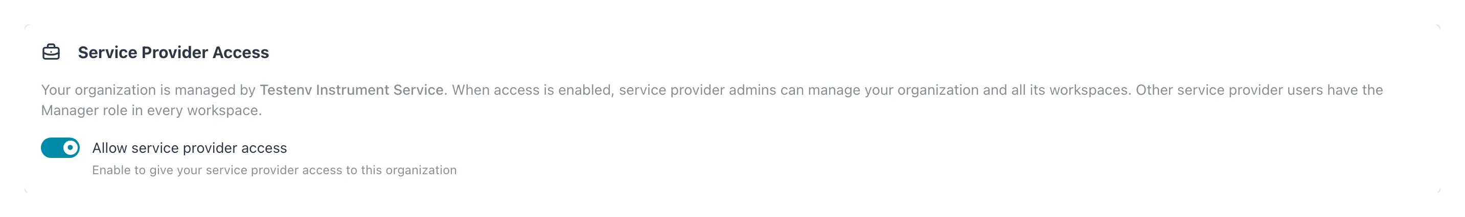 Service Provider Access card naming Testenv Instrument Service, with Allow service provider access switched on