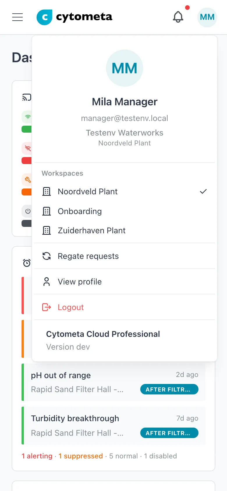 User menu open on a phone, listing the workspaces and Regate requests