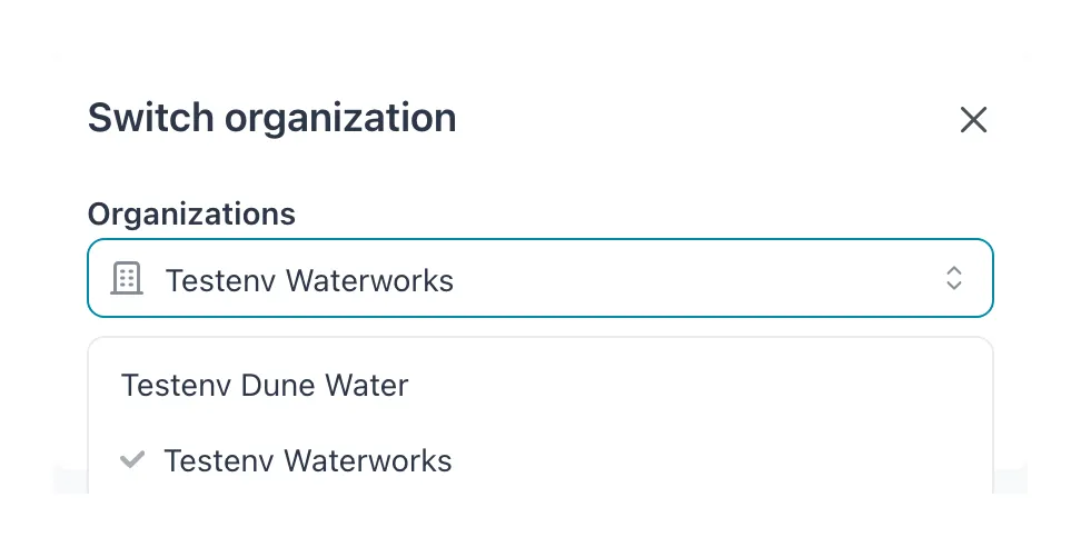 Switch organization dialog with the Organizations list open