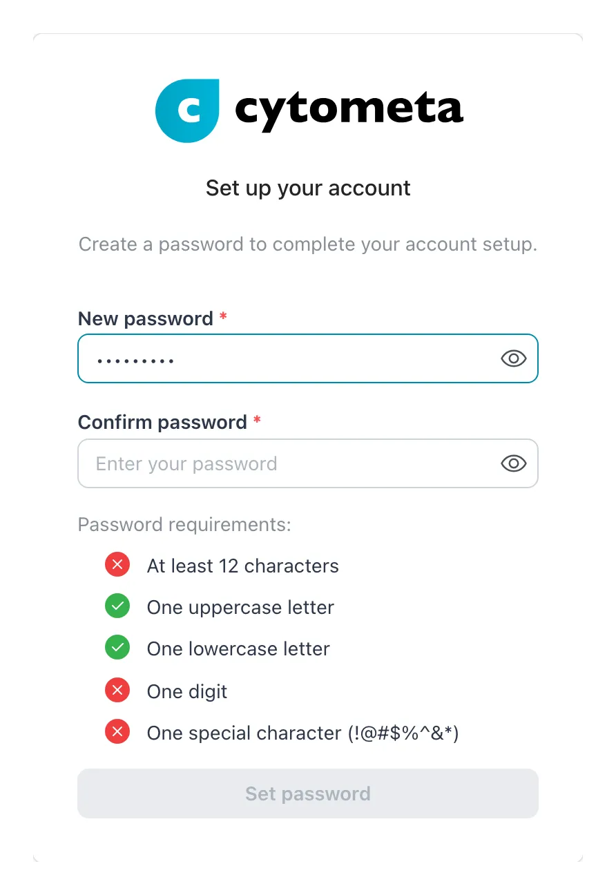 Set up your account page with New password, Confirm password and the password requirements