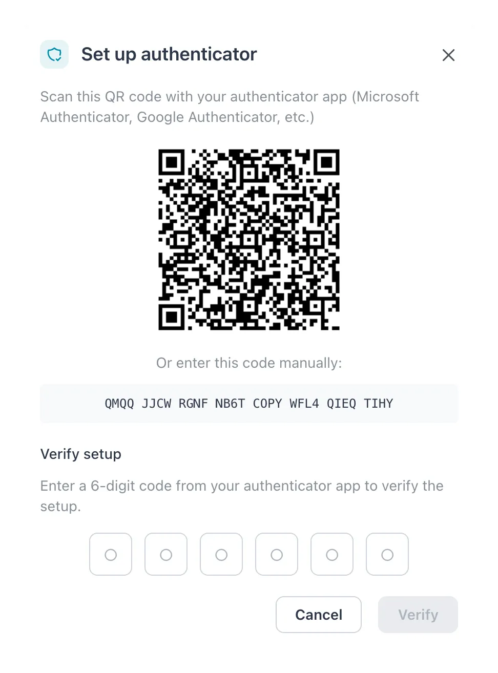 Set up authenticator dialog with a QR code, open over the Set up your authenticator app page