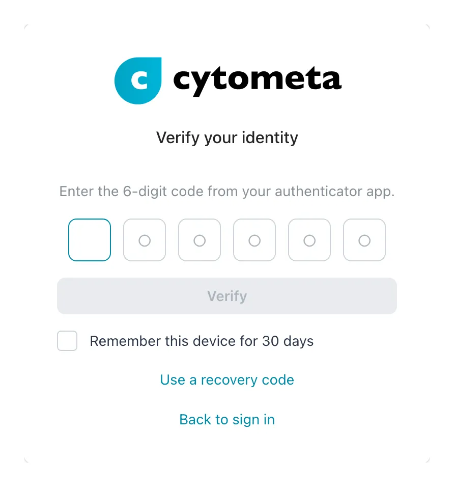 Verify your identity page with six code boxes and Remember this device for 30 days