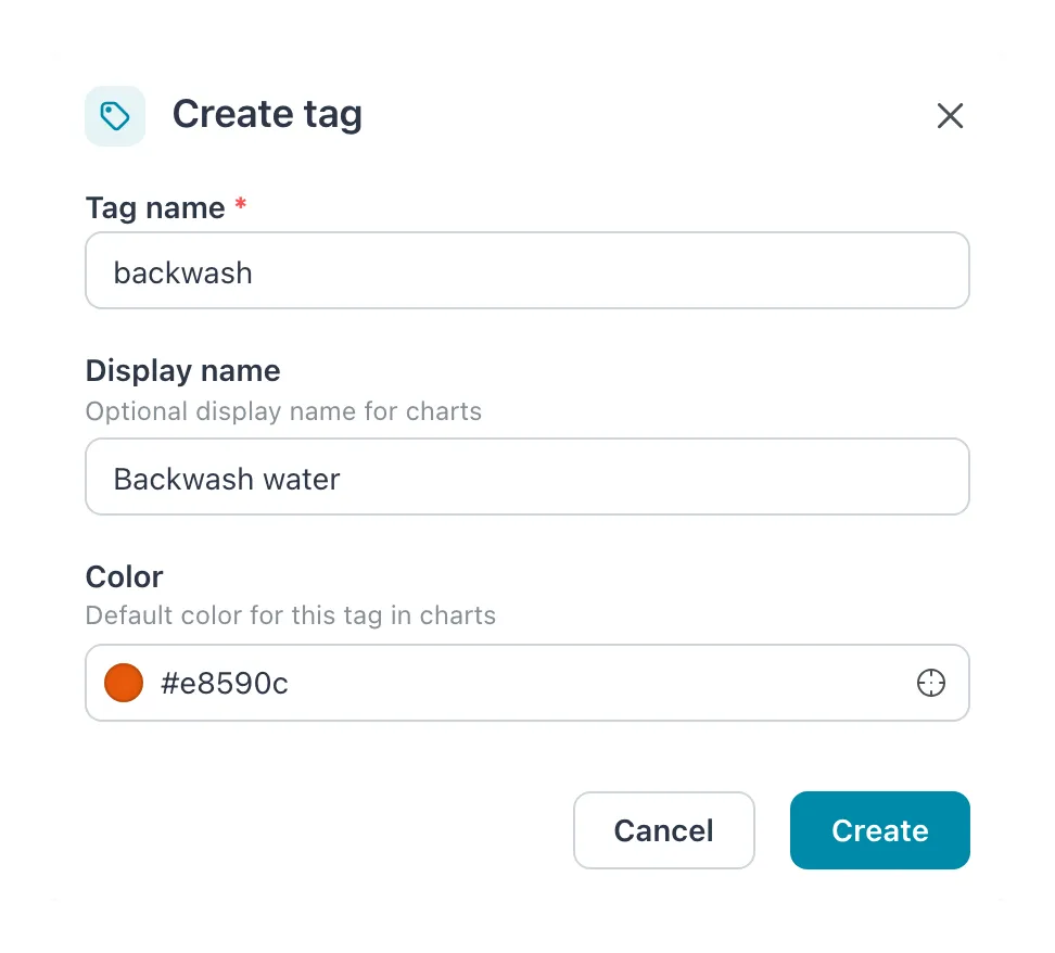 Create tag dialog with Tag name backwash, Display name Backwash water and an orange color