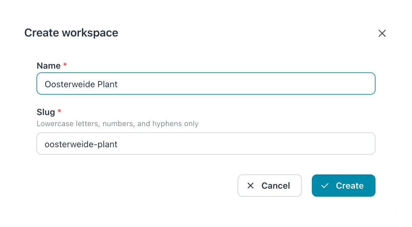 Create workspace dialog with the name Oosterweide Plant and the slug oosterweide-plant